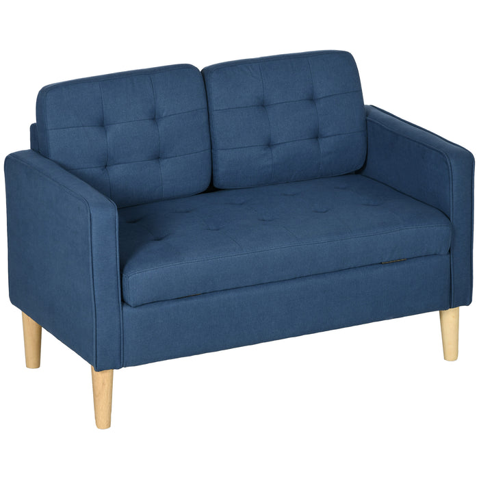 Compact 2-Seater Loveseat with Storage - Modern Tufted Cotton Sofa, Wooden Legs in Blue - Ideal for Small Spaces & Adding Extra Storage