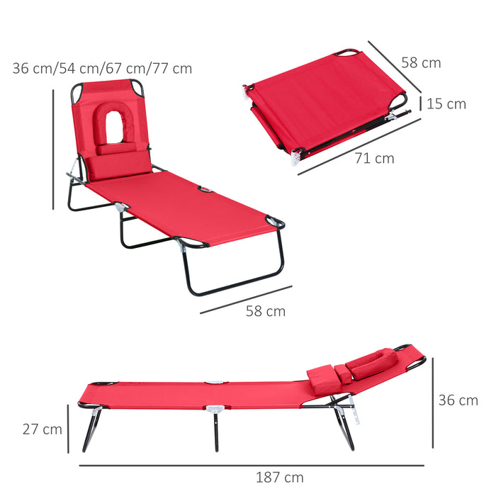 Foldable Red Sun Lounger with Adjustable Backrest - Reclining Chair with Pillow and Reading Hole for Outdoor Relaxation - Perfect for Garden, Beach, and Poolside Comfort