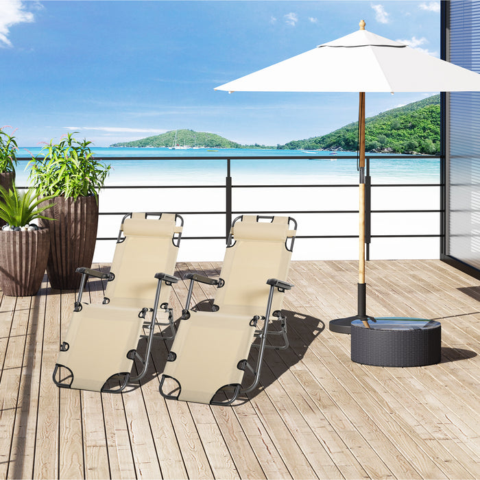 Foldable Sun Loungers Set of 2 - Adjustable Back, Pillow, Armrests, Outdoor Garden Reclining Chairs, Beige - Perfect for Patio Relaxation and Comfort