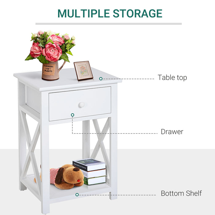 Classic Accent Side Table with Drawer and X-Bar Shelf - Compact Design for Living Space and Bedroom - Versatile White End Table with Storage, 40x30x55 cm