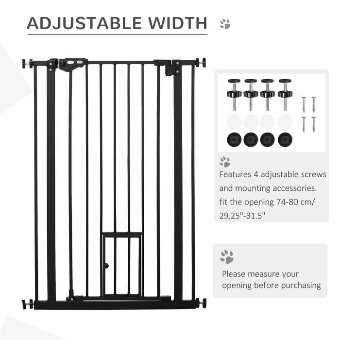 Extra Tall Pet Safety Gate with Cat Door - Doorway & Stair Protection with Auto Close and Double Locking - Ideal for Large Dogs & Small Pets, 104cm Height, 74-80cm Adjustable Width, Black