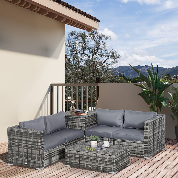 6PC Rattan Corner Sofa Set - 4 Seater Wicker Outdoor Furniture with Storage Coffee Table and Cushioned Ottoman - Ideal for Garden and Patio Entertainment