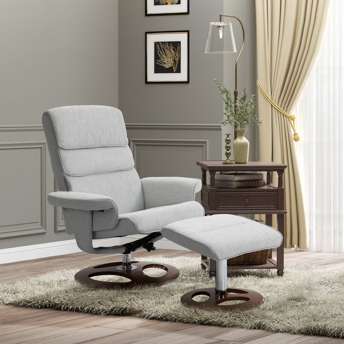 360° Swivel Recliner Chair and Ottoman Set - Modern Sofa Stool with Soft, Thick Padding and Wood Base in Grey - Comfortable Lounging for Home or Office