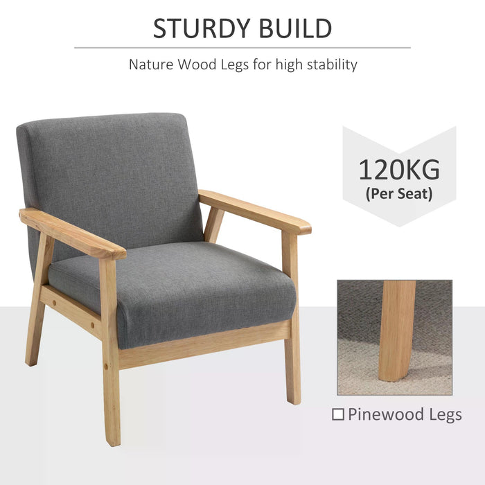 Minimalist Accent Chair with Wooden Frame - Thick Linen Cushioned, Wide-Seated Mid-Century Armchair - Perfect for Bedroom, Office, Home Elegance in Grey