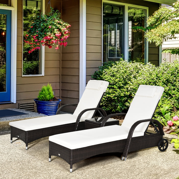 3-Piece Wicker Reclining Lounge Chair Set with Wheels - Outdoor Patio Furniture with Cushions & Matching Rattan Side Table - Ideal for Garden Relaxation and Entertaining