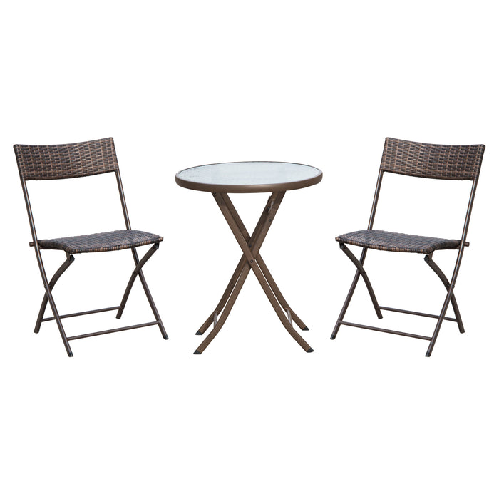 Rattan Bistro Set - 2-Seater Folding Chair & Glass Topped Coffee Table for Patio and Balcony - Wicker Garden Furniture Set in Brown