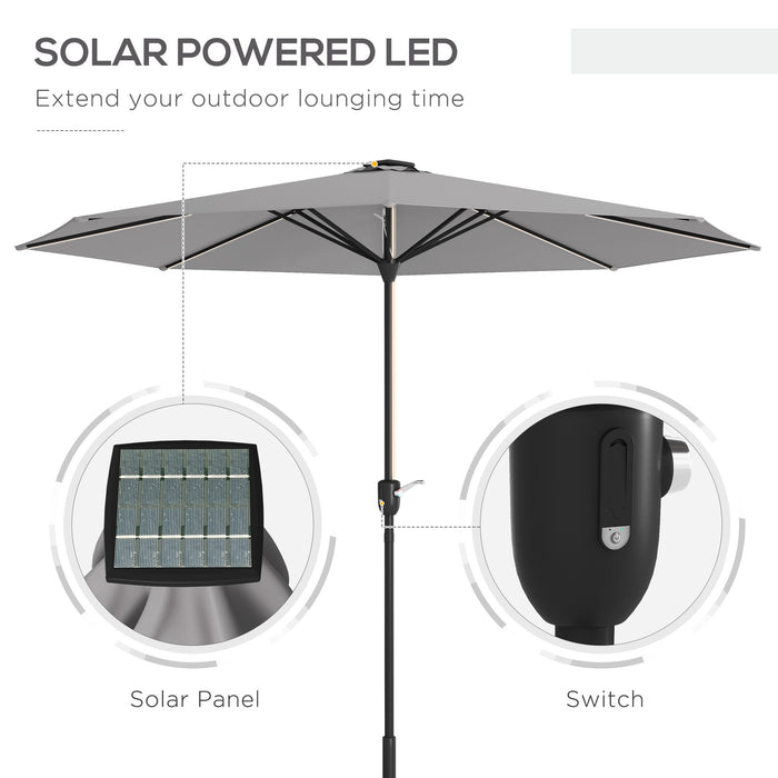 Solar LED Garden Parasol - Crank Handled Light Grey Patio Umbrella for Outdoors - Illuminated Nighttime Comfort for Deck & Backyard