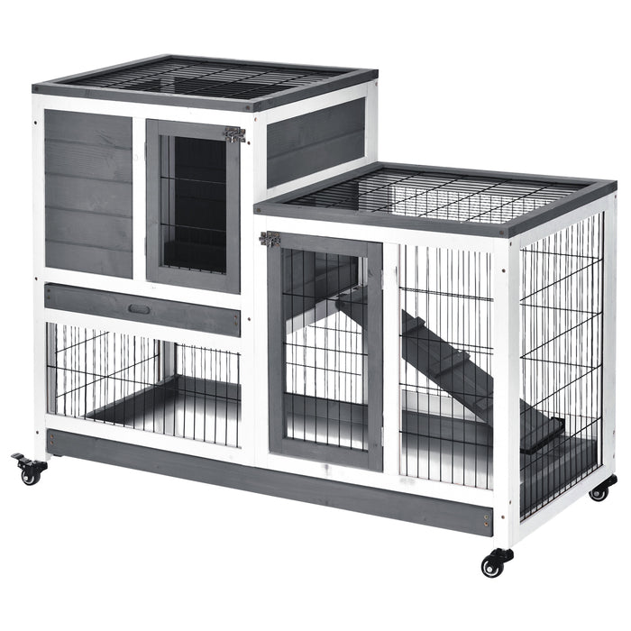 Elevated Wooden Guinea Pig Hutch with Enclosed Run - Wheeled Indoor Cage for Small Pets in Grey and White - Perfect Habitat for Rabbits and Guinea Pigs