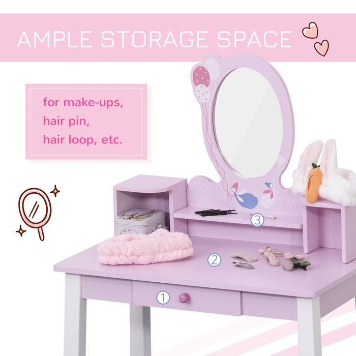 2PCS Wooden Vanity Set for Kids - Girls Dressing Table with Mirror, Stool & Drawers - Playful Makeup Station for Children Over 3 Years, Pink & White