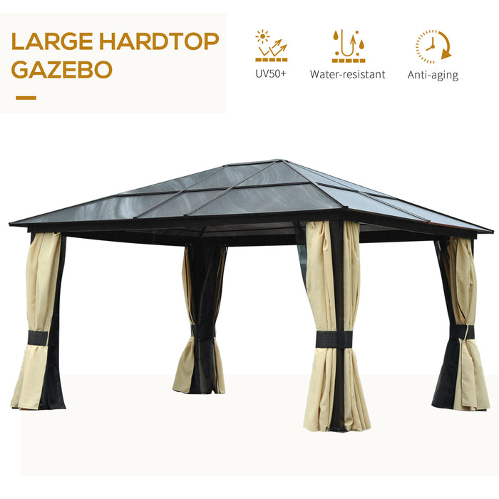 Hardtop Gazebo Canopy 4 x 3.6m - Polycarbonate Roof, Aluminium Frame, Garden Pavilion - Includes Mosquito Netting and Curtains for Outdoor Entertaining