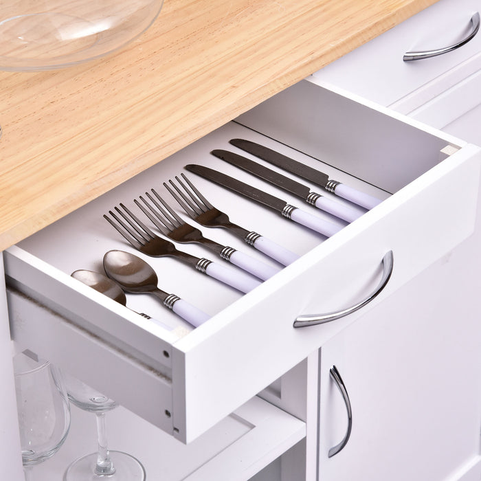 Kitchen Storage Trolley with Wheels - Rolling Cart with Shelves, Drawers, Towel Rail, and Wine Glass Rack - White Island Cupboard with Pine Wood Worktop for Space-Saving Organization