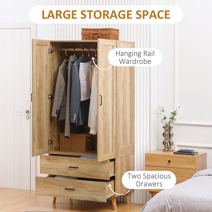 Modern 2-Door Bedroom Wardrobe - Sleek Design with 2-Drawer Storage and Hanging Rail - Space-Saving Closet Solution for a Natural Aesthetic