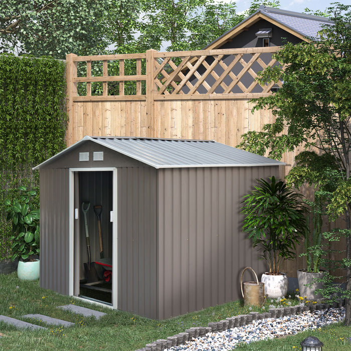 Metal Garden Storage Shed 9x6 ft - Sloped Roof, Double Door, Ventilation, with Foundation - Outdoor Tool House, Grey, Protects Equipment and Tools