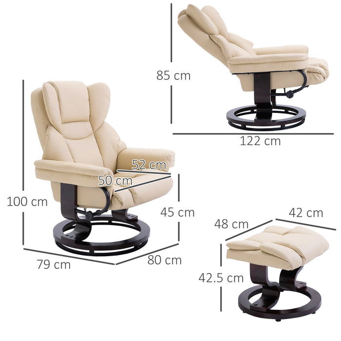 Reclining Swivel Armchair with Footstool - Padded PU Leather Duo, Manual Tilt & 360° Rotation, Cream - Comfortable Sitting Solution for Relaxation & Lounging