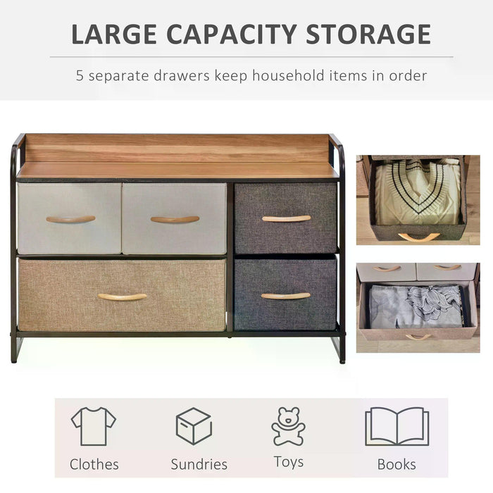 Linen Fabric 5-Drawer Dresser - Bedroom Hallway Storage Organizer with Sturdy Steel Frame & Wooden Top - Elegant Tower Unit for Home Organization