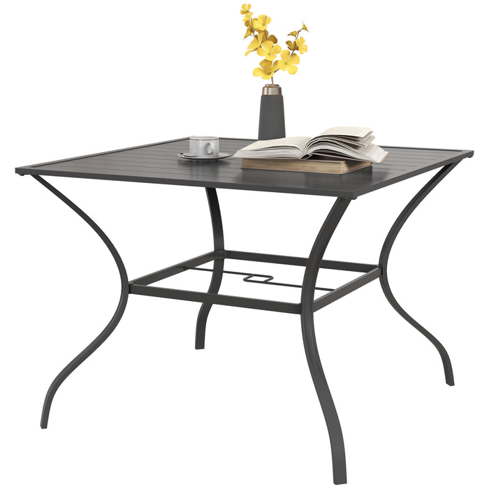 Outdoor Dining Table with Parasol Hole - 94cm Square Slatted Metal Top in Dark Grey - Perfect for Garden Parties and Family Meals