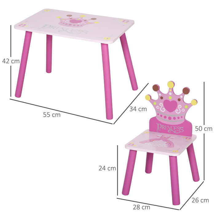 Crown-Themed Kids Wooden Furniture Set - 3-Piece Pink Table and Chair Set with Easy Clean Surface - Ideal for Girls and Toddlers Aged 3-8 Years