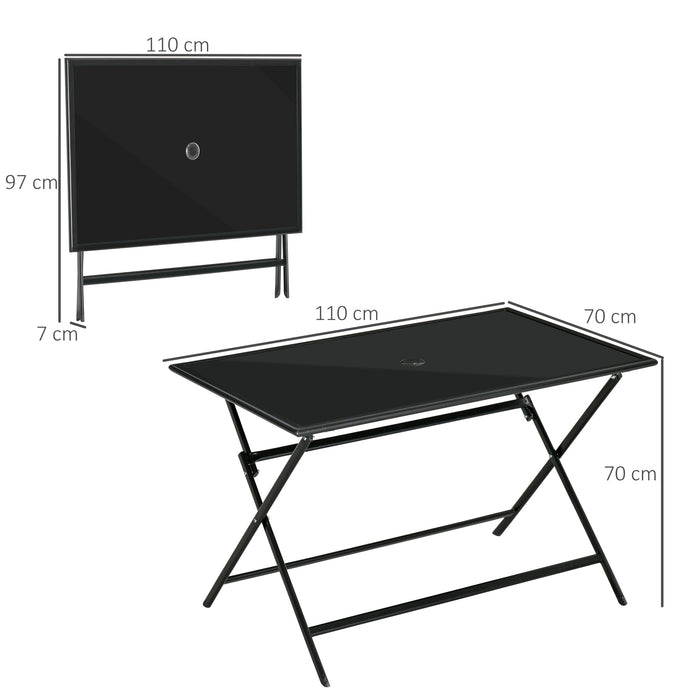 Rectangle Folding Garden Dining Table for 6 - Tempered Glass Top with Parasol Hole, 110cm x 70cm x 70cm - Ideal for Outdoor Meals in Lawn or Backyard