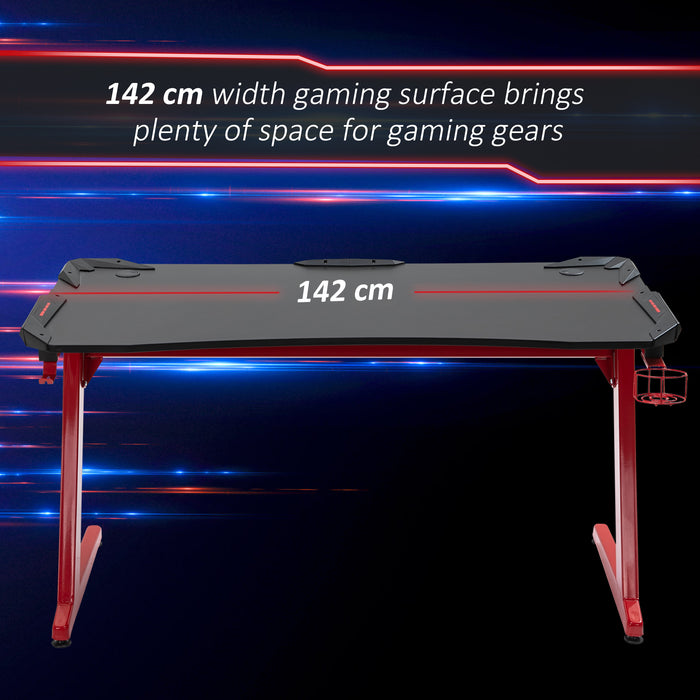 Ergonomic Gaming Desk with Accessories - Home Office Racer-Style Workstation with Headphone Hook and Cup Holder, 142x66x96cm - Ideal for Gamers and Remote Workers, Black and Red