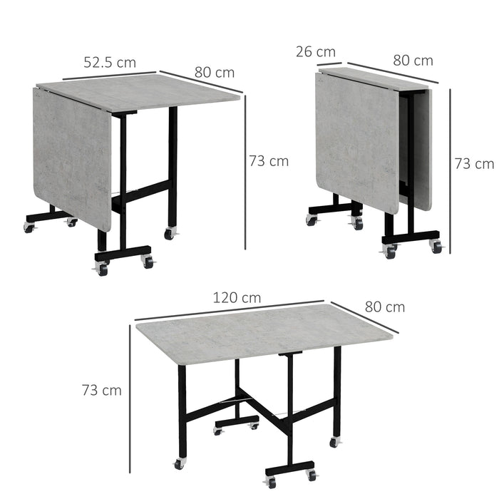 Folding Drop Leaf Table with Sturdy Metal Frame - Space-Saving Rolling Dining Table, 120cm, Grey - Ideal for Small Living Areas and Apartments