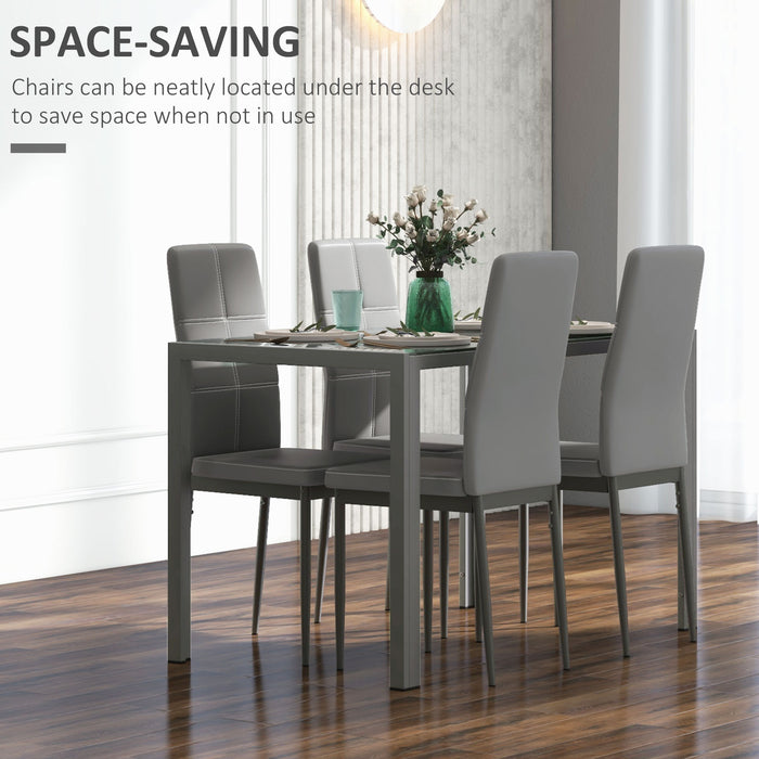5-Piece Kitchen Dining Set - Elegant Glass Table with 4 Grey Faux Leather Chairs, Sturdy Metal Frame - Perfect for Dining Room and Dinette Use