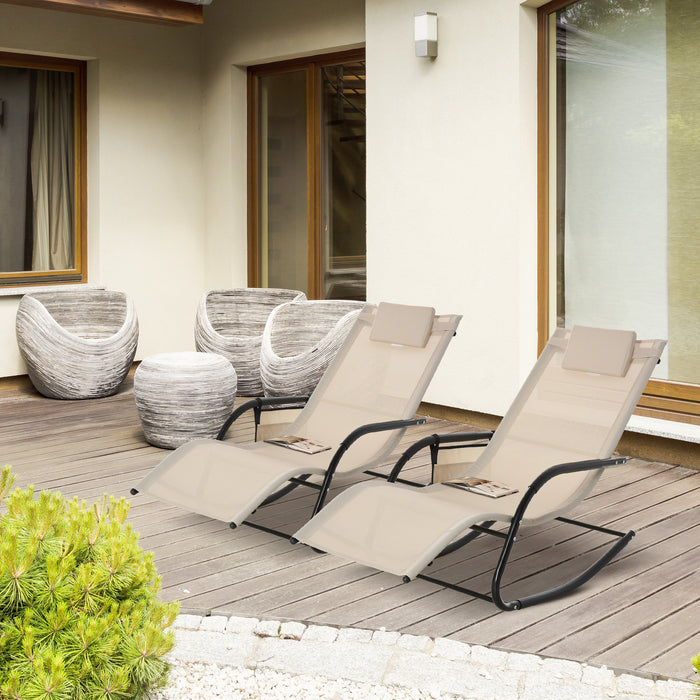 Garden Rocking Chair Twin Set - Breathable Mesh Fabric Patio Sun Lounger with Headrest and Storage - Ideal for Relaxing Outdoors in Comfort