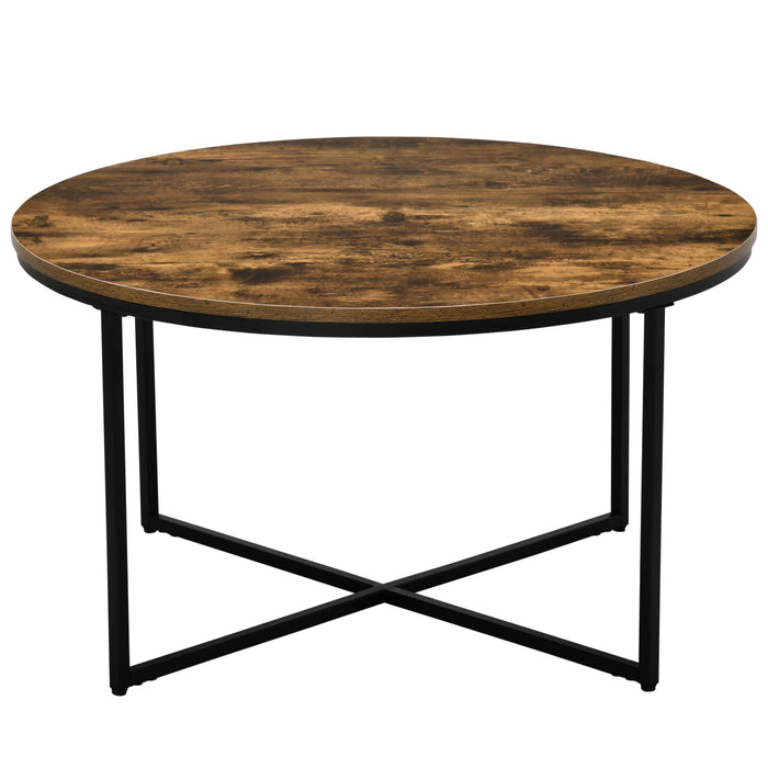 Industrial Round Coffee Table - Sturdy Metal Frame with Spacious Rustic Brown Top - Perfect for Living Room and Bedroom Comfort