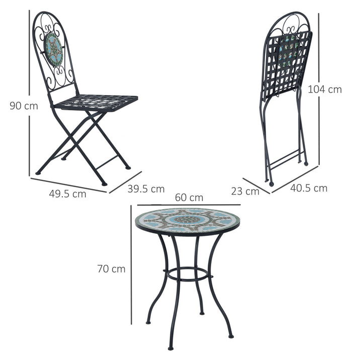 3pc Bistro Set - Metal Mosaic Dining Table with 2 Folding Chairs for Garden and Patio - Charming Outdoor Seating for Couples
