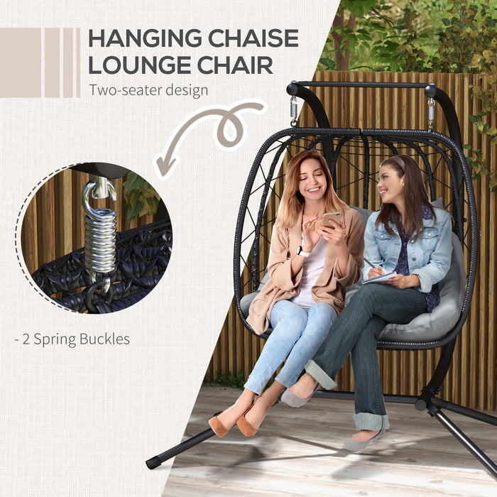 PE Rattan Outdoor Double Swing Chair with Metal Stand - Thick Padded Cushion and Headrest for Ultimate Comfort - Ideal Patio Hanging Seat for Couples or Friends