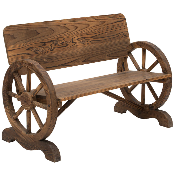 Wooden Cart Wagon Wheel Bench - 2-Person Rustic High-Back Garden Loveseat with Burnt Stain Finish - Charming Outdoor Seating for Couples and Decor Enthusiasts