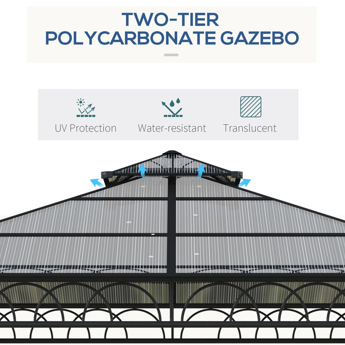 Outdoor Polycarbonate Gazebo 3x3m - Double Roof Hardtop with Galvanized Steel Frame - Includes Nettings & Curtains for All-Weather Protection