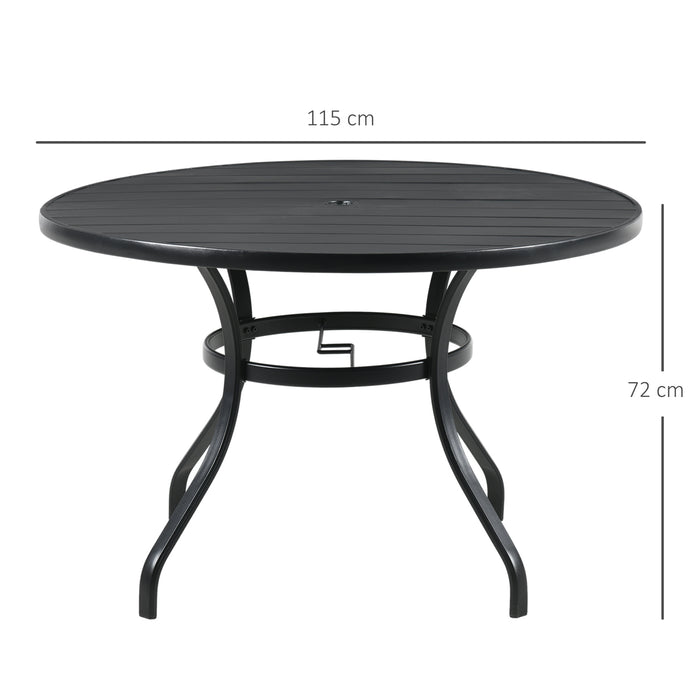 Outdoor Round Patio Table - Garden Dining with Parasol Hole and Slatted Metal Top, Seats Four - Ideal for Al Fresco Meals and Backyard Gatherings