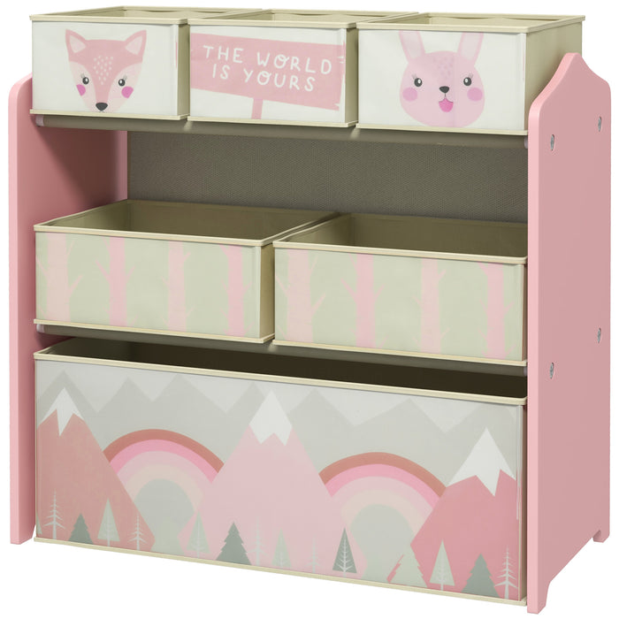 Kids Toy Storage Organizer with 6 Fabric Bins - Sturdy Bedroom and Nursery Shelving Unit, 63x30x66cm - Ideal for Children's Room Clutter Control, Pink