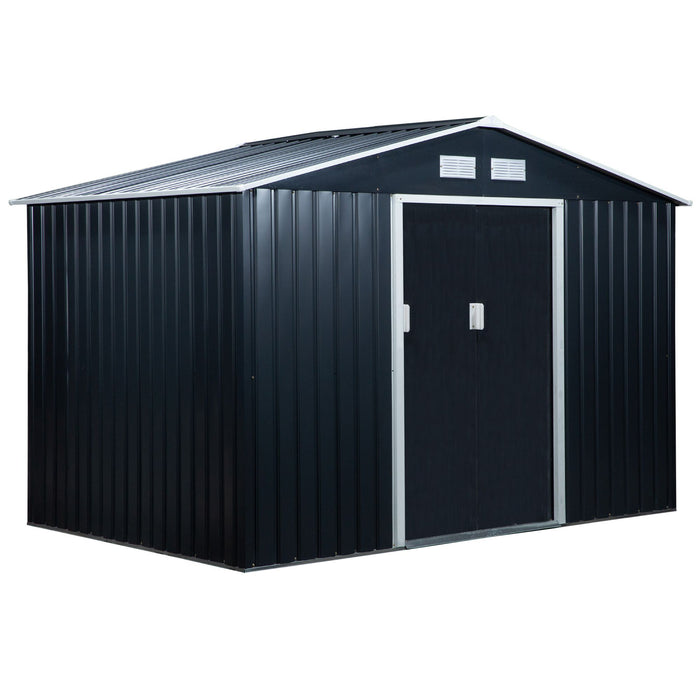 Outdoor Garden Roofed Metal Storage Shed 9x6FT - Tool Box with Foundation, Ventilation, and Doors in Dark Grey - Ideal for Equipment and Tool Organization