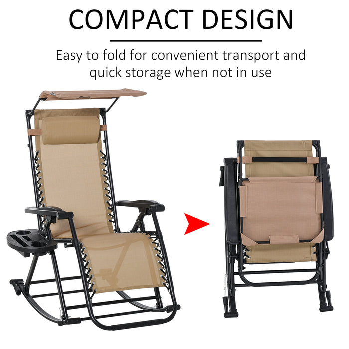 Outdoor Adjustable Sun Lounger - Folding Zero-Gravity Garden Rocking Chair with Headrest & Side Holder - Perfect for Patio Deck Relaxation, Beige