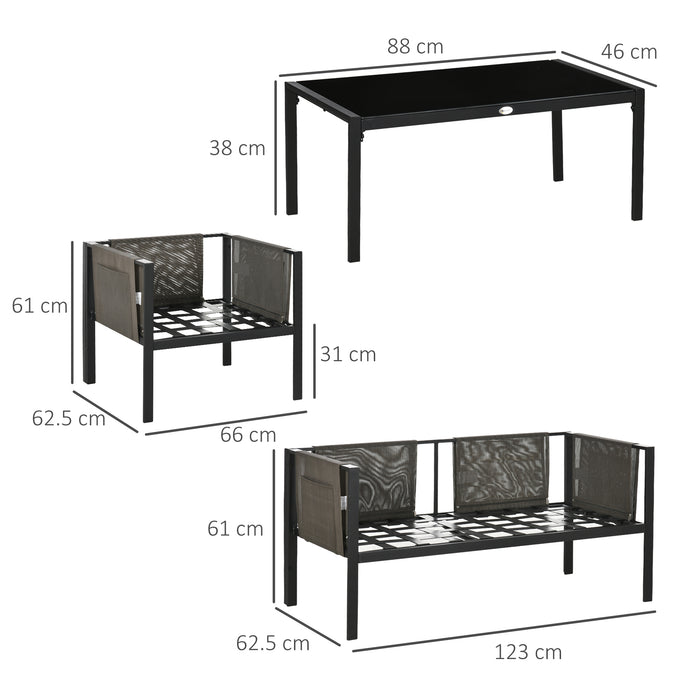 4-Piece Metal Garden Furniture Set - Tempered Glass Top Coffee Table & Comfy Loveseat with Single Armchairs - Ideal for Patio Relaxation and Outdoor Entertainment