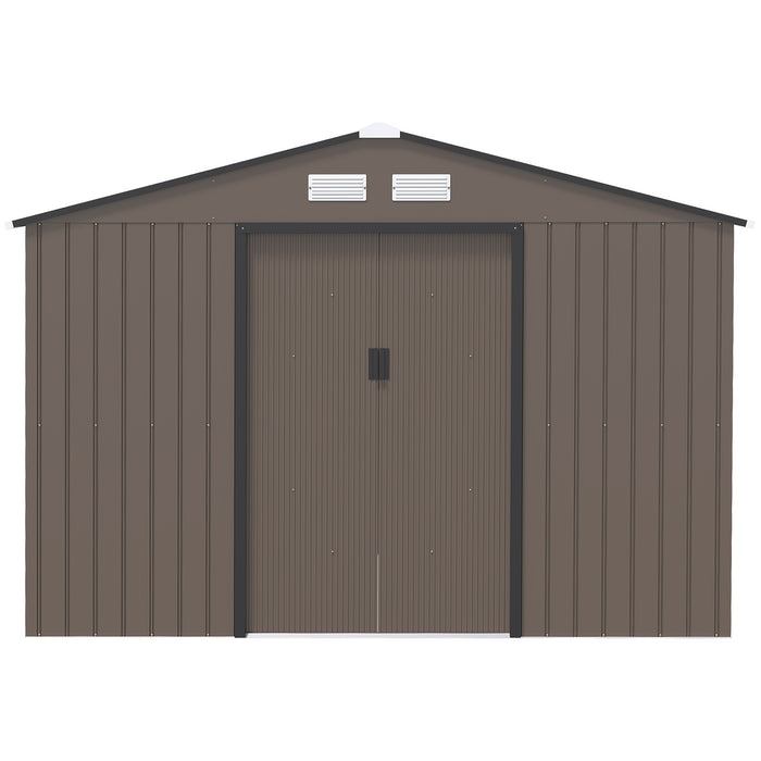 Outdoor Metal Storage Shed - 9 x 6FT with Foundation, Ventilation, and Double Doors - Spacious Brown Garden Solution for Tools and Equipment