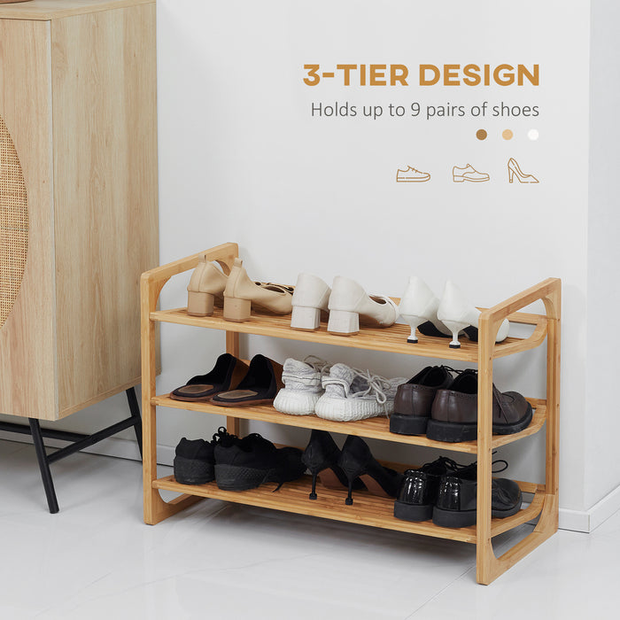 Bamboo 3-Tier Shoe Rack - Slatted Shelves Storage Organizer, Holds 9 Pairs - Space-Saving Stand for Entryway and Closet Organization