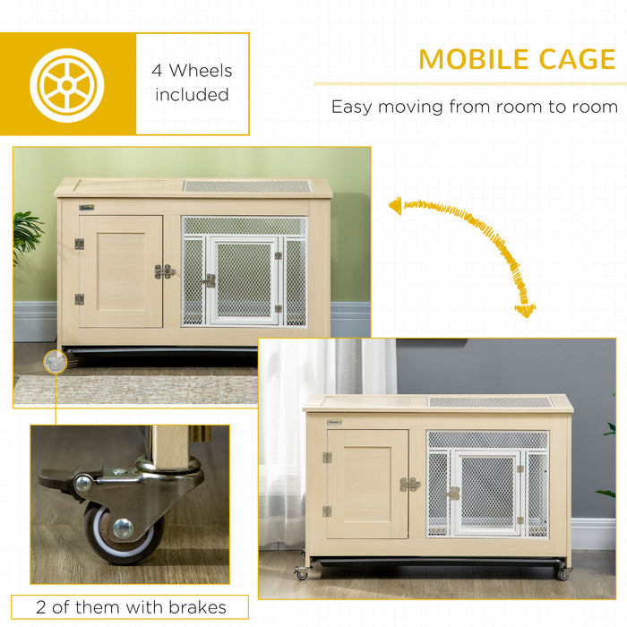 Mobile Small Pet Shelter - Wheeled Rabbit Hutch with Openable Roof and Slide-Out Tray - Spacious Guinea Pig & Bunny Home for Easy Indoor Mobility, Oak Finish, 94x53x56cm