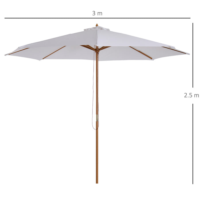 Fir Wooden Parasol with Bamboo Ribs - 3m Garden Umbrella Sun Shade, Cream White Canopy - Ideal for Patio and Outdoor Comfort