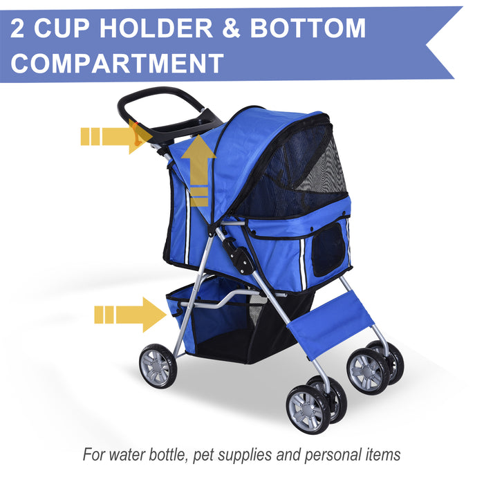 Foldable Dog and Cat Stroller with Zipper Entry - Portable Pet Carriage for Small Miniature Animals, Smooth Wheels, Storage Basket - Ideal for Travel and Outdoor Use with Convenient Cup Holder