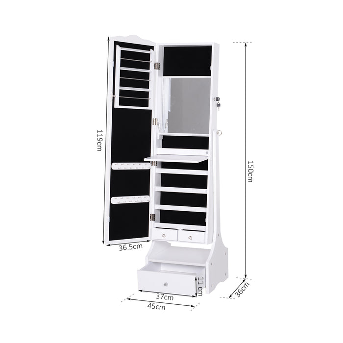 LED-Lit Jewelry Cabinet with Full-Length Mirror - Floor Standing Armoire with Flip-Over Makeup Shelf and Lockable Storage - Elegant Organization for Accessories and Cosmetics