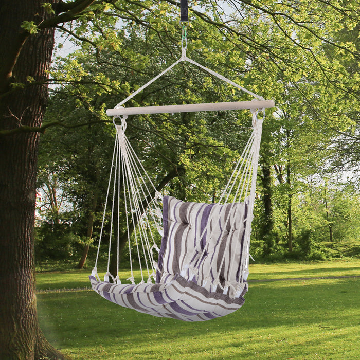 Outdoor Cushioned Rope Hammock Chair - Wooden & Cotton Cloth Swing Seat for Garden and Patio - Cozy Hanging Furniture for Yard Relaxation (Brown)