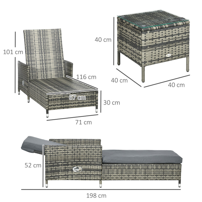 Rattan Sun Lounger Set with Adjustable Backrest - Patio Chaise Lounge Chair & Glass Top Table with Soft Grey Cushions - Ideal for Deck, Poolside Relaxation