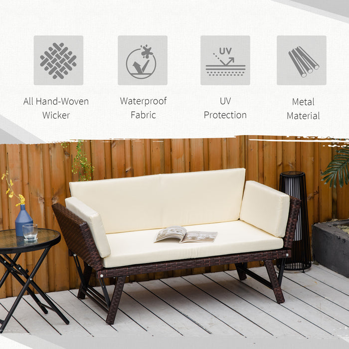 2-Seater Rattan Daybed Sofa - Folding Garden Chaise Loveseat with Cushion, Brown - Ideal for Patio Relaxation and Comfort