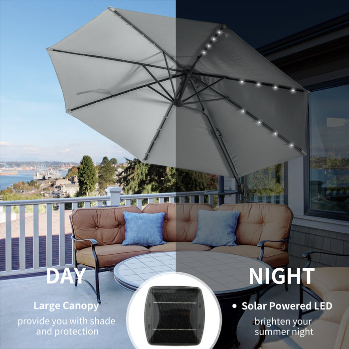 Cantilever Roma 3m Umbrella - LED Solar-Lit Patio Sunshade with Cross Base, 360° Rotation - Ideal for Outdoor Relaxation and Nighttime Ambiance