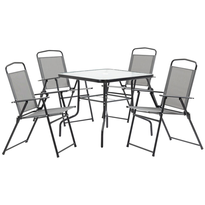 Outdoor 5-Piece Dining Set with Glass Tabletop - Includes 4 Folding Chairs & Texteline Seats, Parasol-Compatible - Perfect for Patio & Garden Entertaining