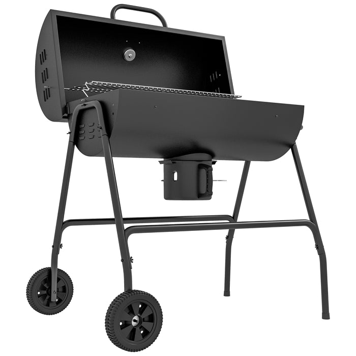 Barrel Charcoal BBQ Grill Trolley with Wheels - Outdoor Patio Cooking Station in Sleek Black - Ideal for Grilling Enthusiasts and Backyard Cookouts