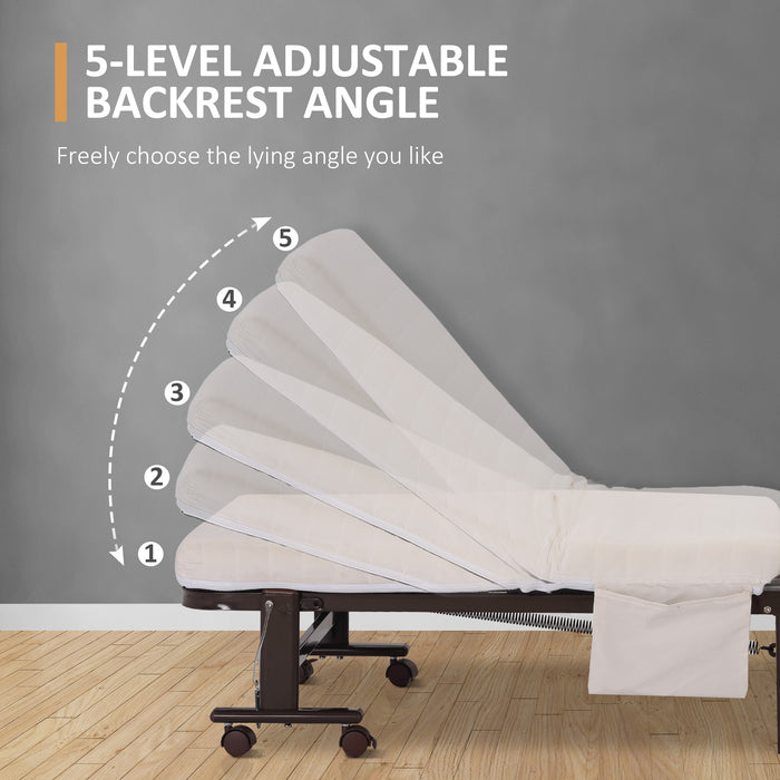 Adjustable Folding Bed with Thick 8cm Mattress - Portable Wheeled Guest Bed with Metal Frame and Adjustable Backrest - Comfortable Sleep Solution for Visitors or Temporary Use