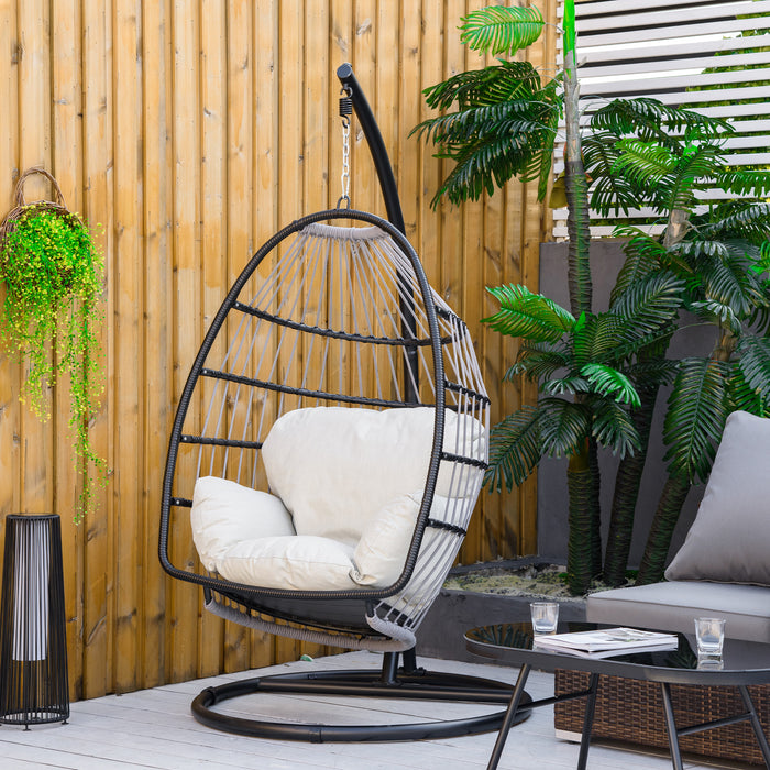 Rattan Hanging Egg Chair - Folding Comfort Weave Swing Hammock with Cushion & Stand, Indoor/Outdoor Patio Use - Relaxing Garden Furniture in Black